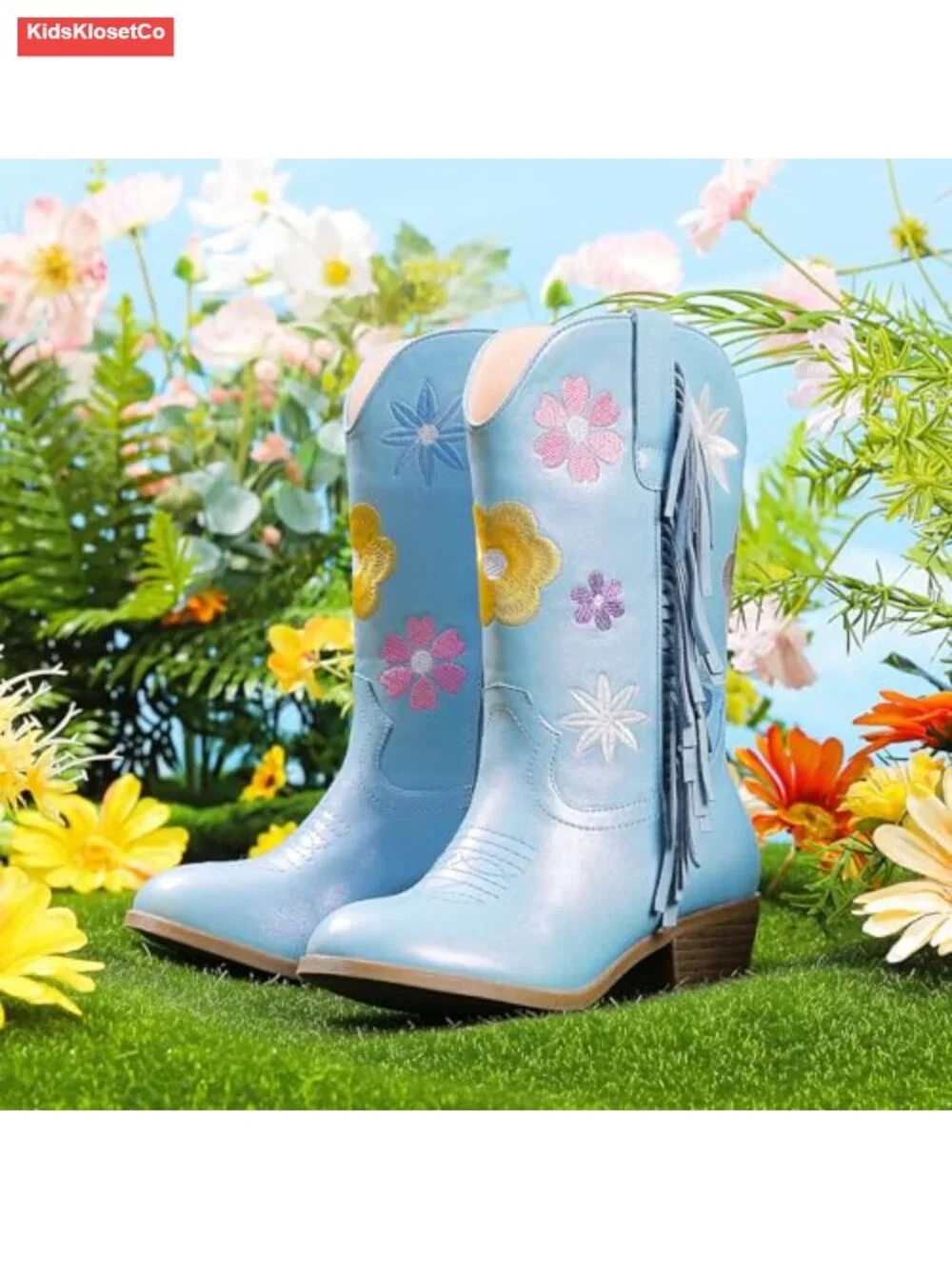 Floral Embroidered Fringe Cowgirl Boots with Side Zipper for Little Big Kids